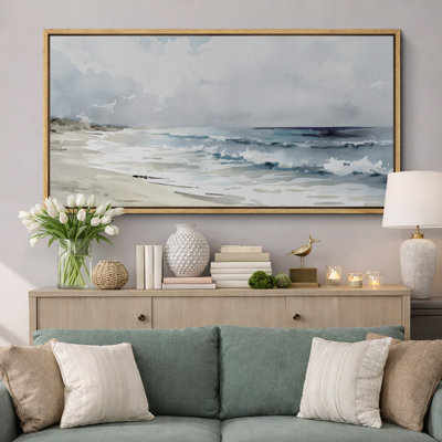 Coastal Beach " Serene Beach Watercolor Coastal Landscape Rustic Retro Art Decor Extra Large Pictures " Print