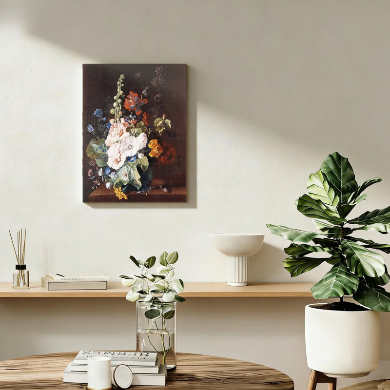 16 po x 24 po, roses trémières et autres fleurs dans un vase, art mural sur toile, support en bois massif