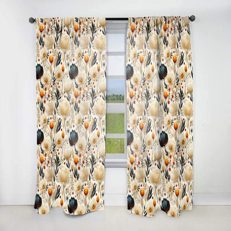 Neutre fleurs beige motif Boho II - rideau Boho - rideau obscurcissant abstrait - 1 panneaux, L 52 po x L 95 po