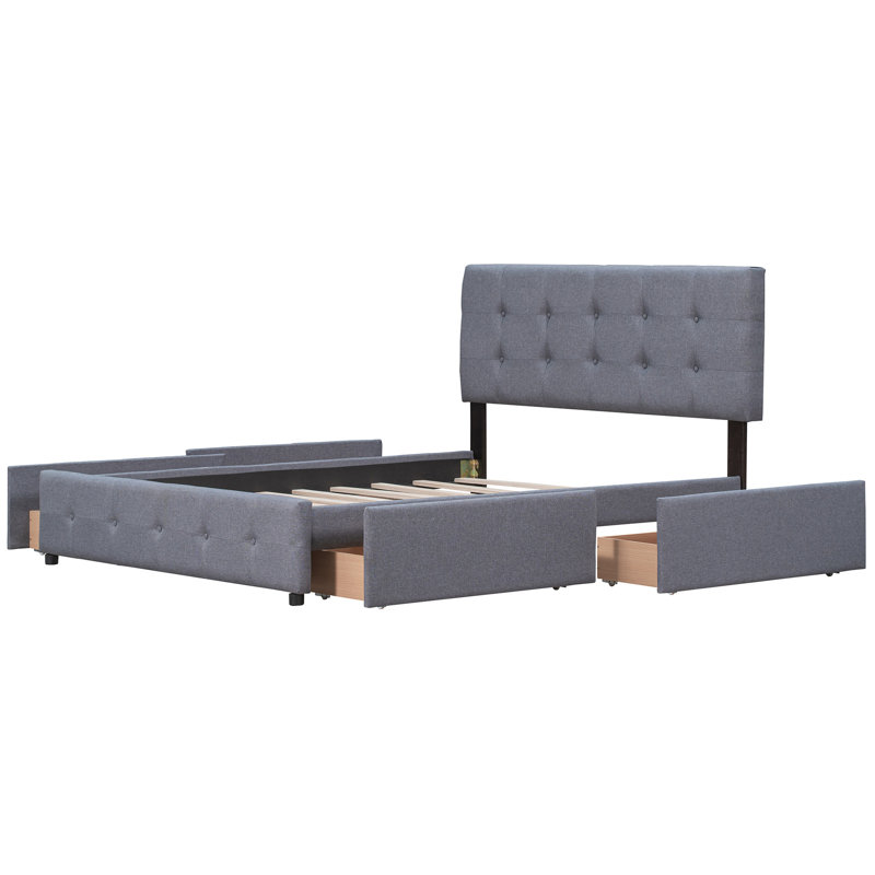 Lit plateforme tapissier gris foncé, grand lit avec 4 tiroirs et classique, sans sommier, revêtement en lin, tête de lit à structure en bois massif, gris. Taille. Ressort nécessaire. Support de panneau de particules.