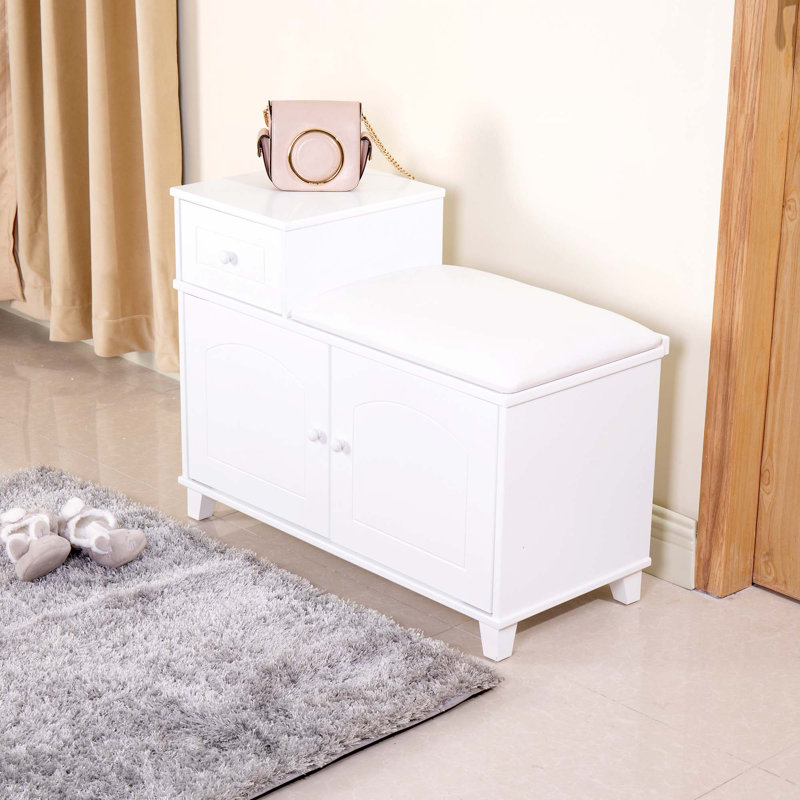 Banc de rangement blanc pour chaussures avec coussin en polyuréthane ignifuge