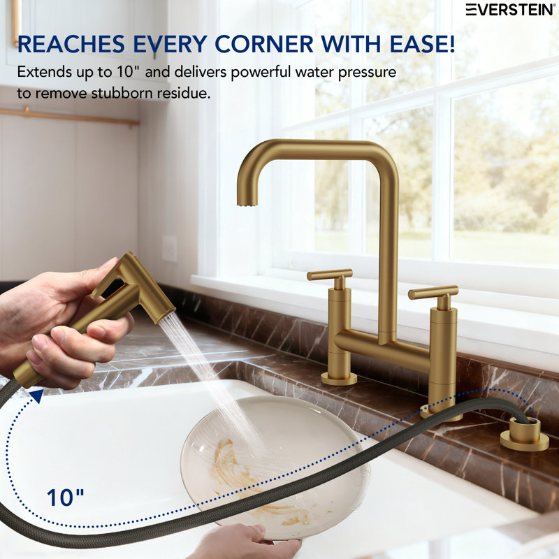 Bridge Kitchen Faucet with Swivel Spout, Kitchen Faucet with Side Spray, Brushed Gold