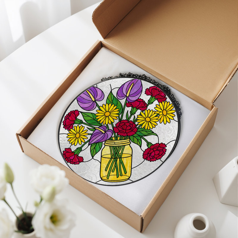 Panneau de vitrail d'arrangement floral 12 po H, H 12 po x l 12 po