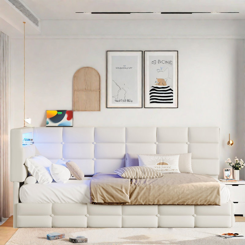 Upholstered Daybed With 2 Drawers, Charging Station, Led Lights, Storage Headboard And Checkered Button Decoration, Beige