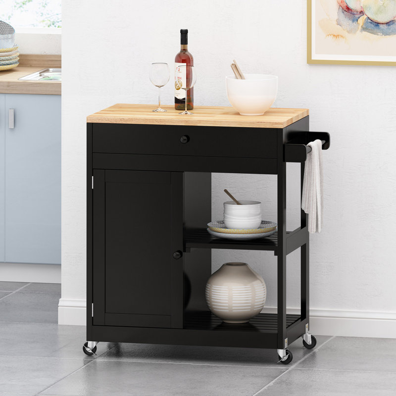 Chariot de cuisine avec plateau en bois massif, Noir