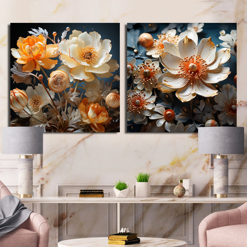 Buttercups Emotion Sunshine - ensemble de 2 collages carrés floraux, Toile tendue, H 16 po x l 33 po