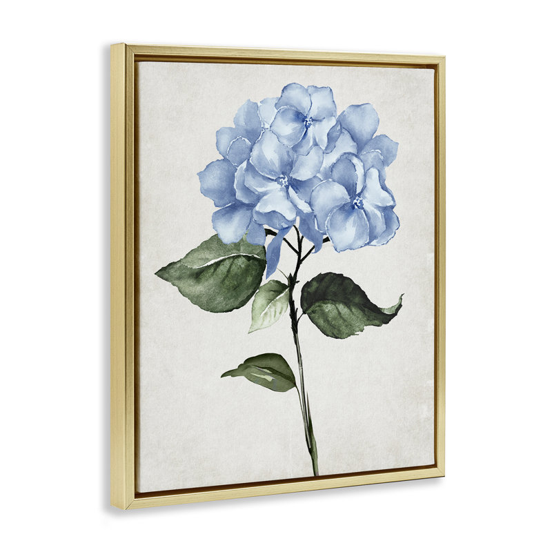 "Blue Hydrangea Stem", art mural Val Val, H 21 po x l 17 po, Cadre flottant métallique doré