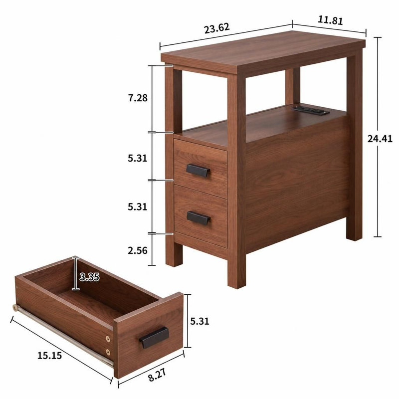 Table de bout moderne avec station de charge et deux tiroirs pour l'organisation du chevet ou du salon, Walnut