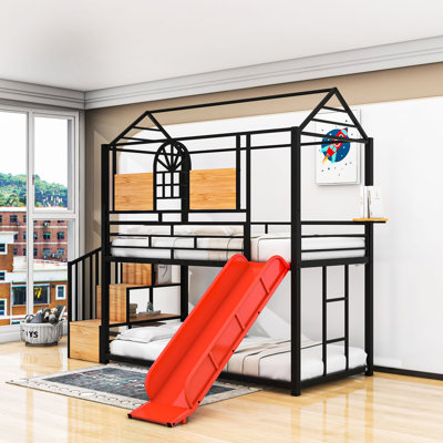 Hamler Twin Over Twin Metal Bunk Bed with Slide and Storage Stair