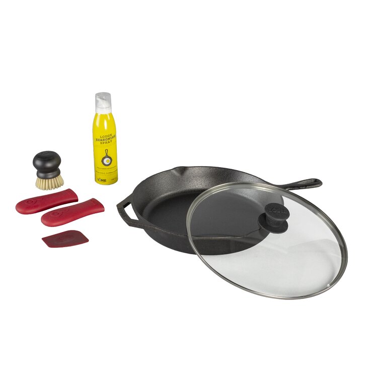 Lodge Seasoned Cast Iron Cookware Set - 12 inch Cast Iron Skillet with Tempered Glass Lid and Cast Iron Care Kit