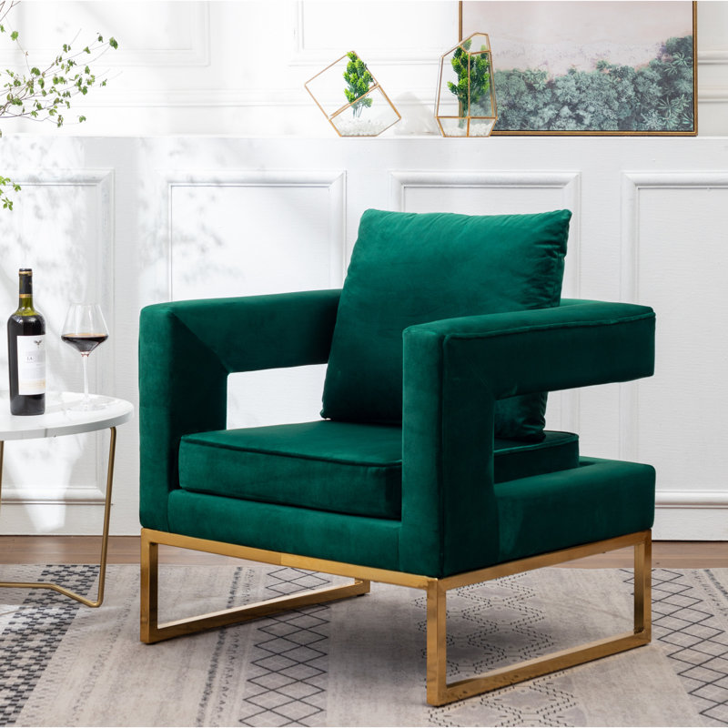 Contemporary Arm Rest - Upholstered Chair, Metal Frame, Square , Cozy Pillow Back Seat Chair With, Green