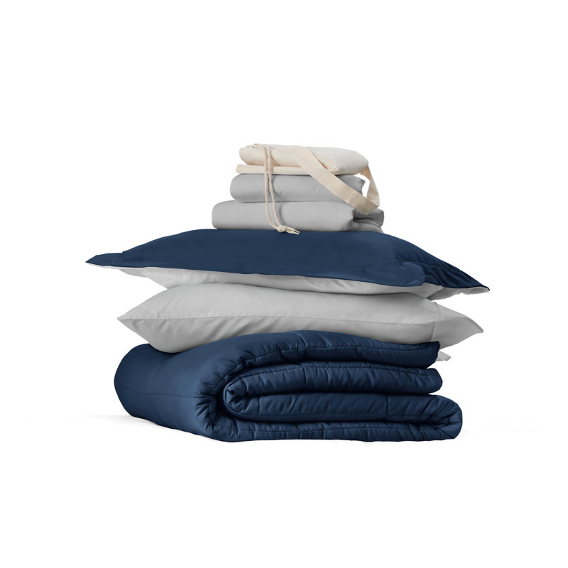 8-PC College Dorm Twin XL Bedding Bundle - Comforter Set, Sheet Set, Pillows and Laundry Bag, Navy / Light Gray