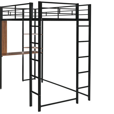 Metal Loft Bed Frame With 2 Shelves And One Desk For Bedroom