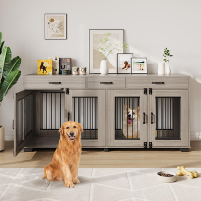 71" XL Dog Crate End Table for 2 Large Dogs, Wooden Indoor Kennel with Divider, Heavy Duty TV Stand Furniture