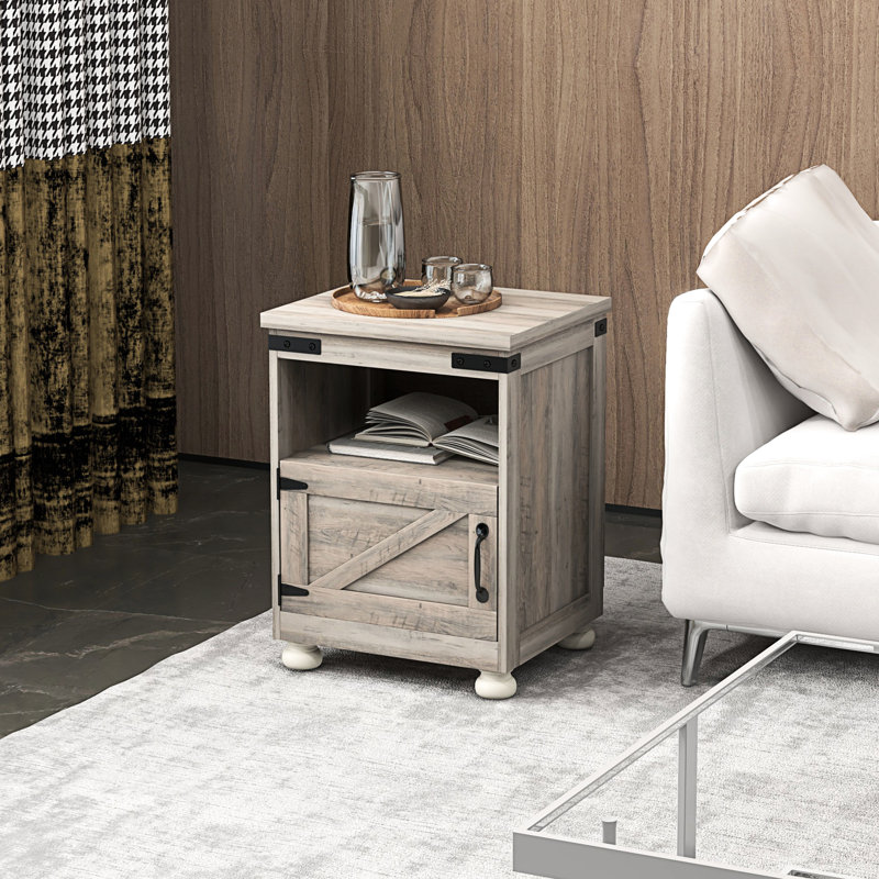 Petite table d'appoint grise. Table de bout avec rangement. Tablette ouverte et armoire spacieuse. Pieds modernes en bois. Polyvalent. H 17,7 po x P 15,4 po. P 23,6 po. Peut contenir 110 livres de rangement gris. Style Living