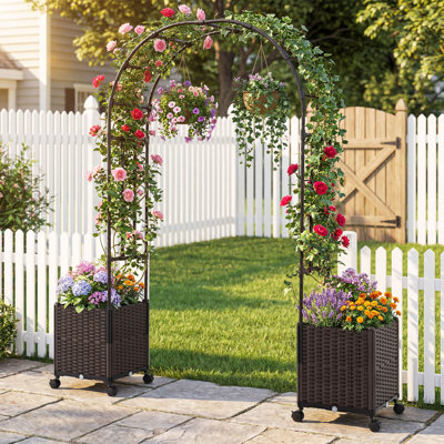 200Cm Garden Arch Trellis W/2 Planter Boxes Outdoor Arbor Archway For Climbing Plants W/Lockable Wheels
