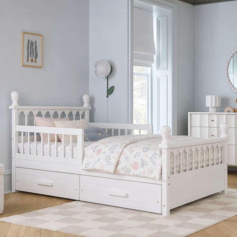 Structure de lit simple avec 2 tiroirs de rangement sous le lit, lit plateforme en bois avec garde-corps de sécurité, White