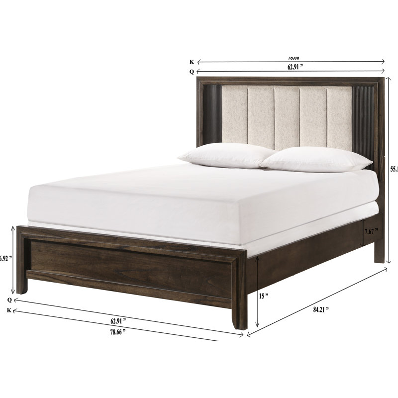 Grand lit, tête de lit tapissier, charme rustique, finition bois riche, esthétique contemporaine, style 1pc dans les tons bruns,