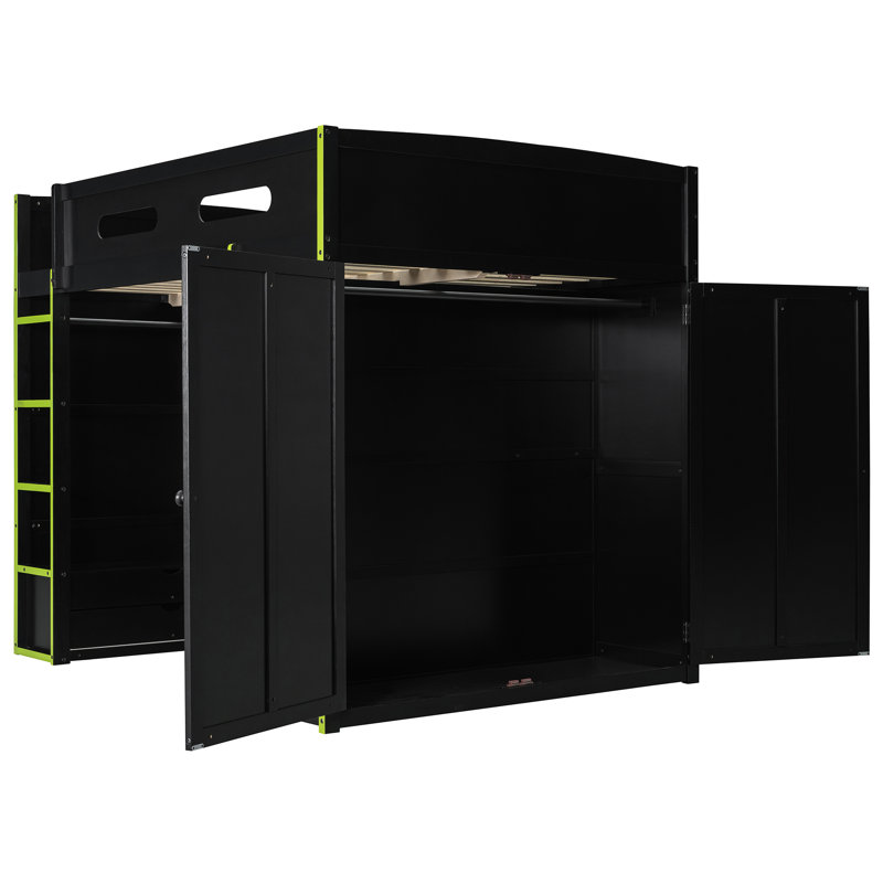Lit mezzanine pleine grandeur pour les joueurs avec station de jeu intégrée et tablettes supérieures, éclairage, deux tiroirs
