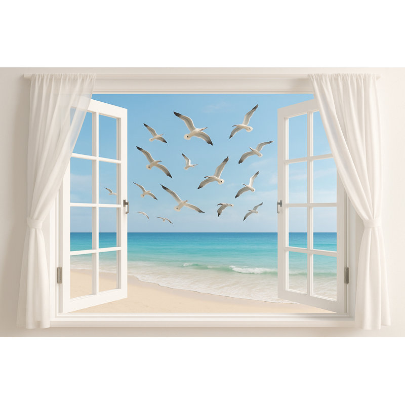 Seagulls Over Shore from Open Window - Coastal Window View Series