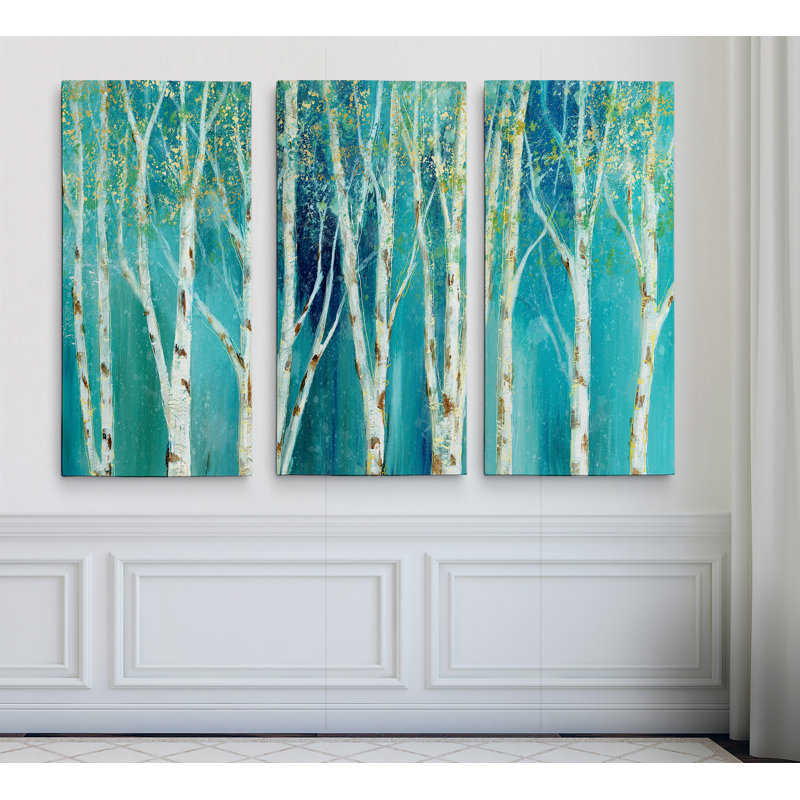 Bouleau sur fond bleu - Image multi-pièces sur toile, H 32 po x l 48 po x P 1,5 po