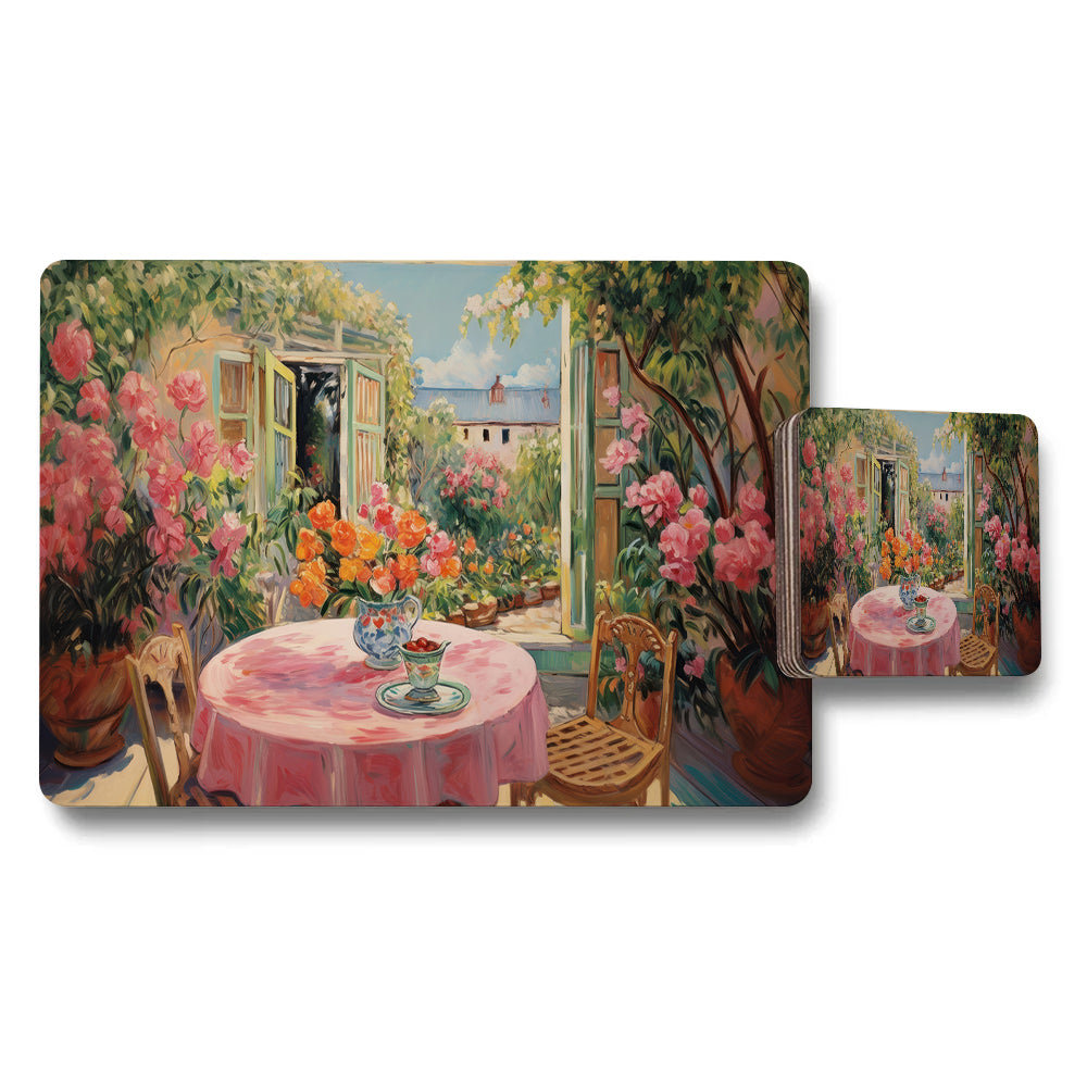 Elegant Floral Garden Placemat And Coaster Set With Pink Roses Artwork