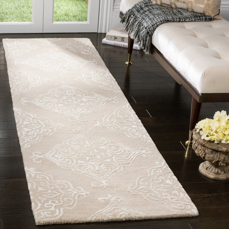 Bernon Hand Tufted Viscose/Wool Damask Rug in Beige, Runner 2'3" x 8'
