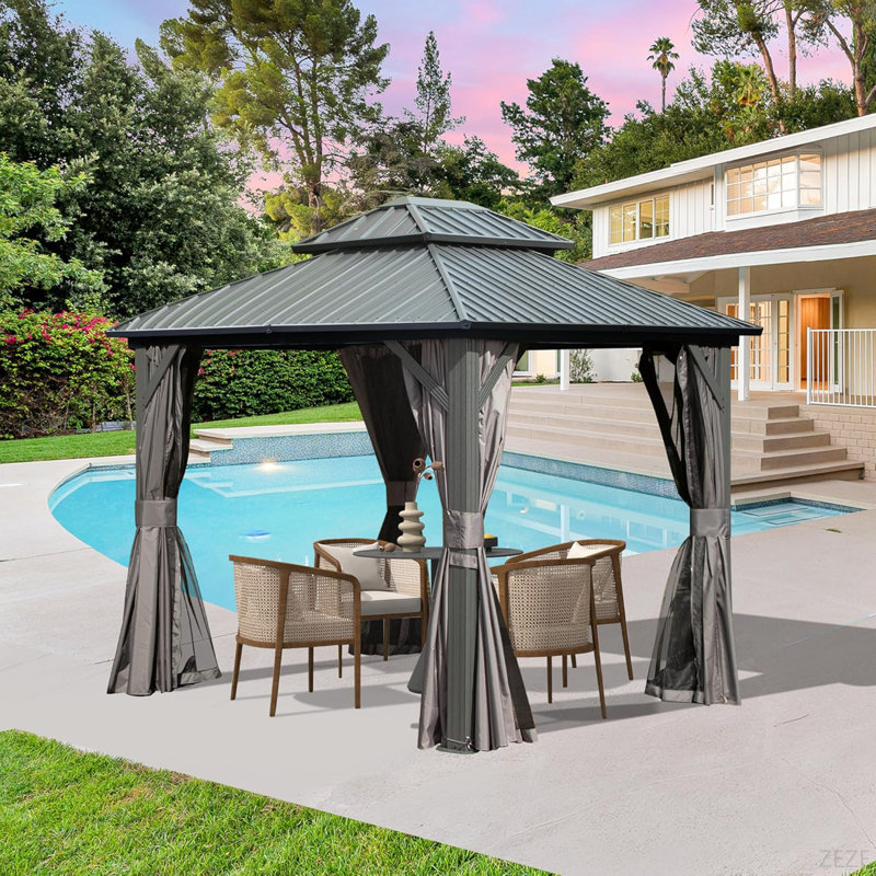 8' X 10' Hardtop Gazebo Permanent Metal Gazebo With Galvanized Steel Double Roof, Curtains And Netting For Party, Wedding, Outdoor Dining, Patio, Backyard