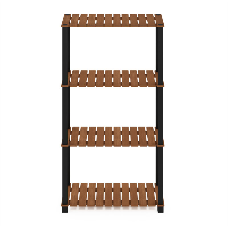Natural Dark Red Meranti Wood 4-Tier Plant Stand with Black Square Poles