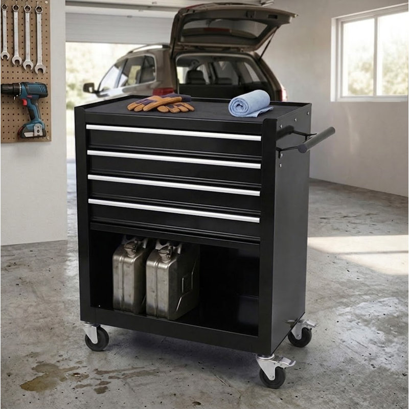 Commode rabattable en acier à 4 tiroirs avec roulettes de 24,41 po pour usage domestique et commercial, Noir
