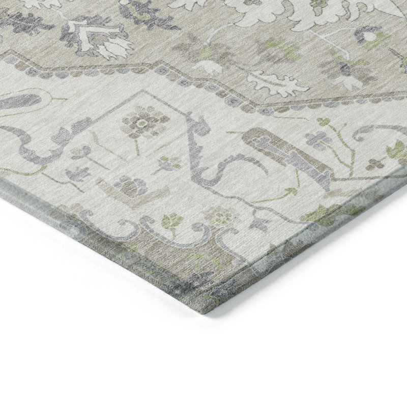 Ivory and Beige Rectangular Synthetic Washable Area Rug