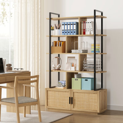Bibliothèque à 5 niveaux en rotin industriel avec armoire de rangement et porte - Bibliothèque de 71,1 po de hauteur - Étagères ouvertes pour le salon, la chambre à coucher, le bureau - couleur bois