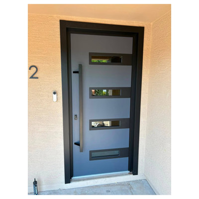 Porte d'entrée extérieure prémontée en acier Ronex 0131, grise, avec imposte et fenêtre latérale. Style moderne, peinturé, largeur 36 po x hauteur 80 + 16 po, ouverture à droite vers l'intérieur.