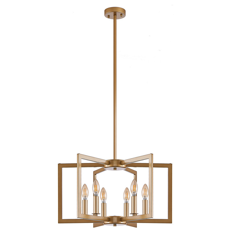 Lustre moderne en métal avec tiges réglables, Doré, Six lumières