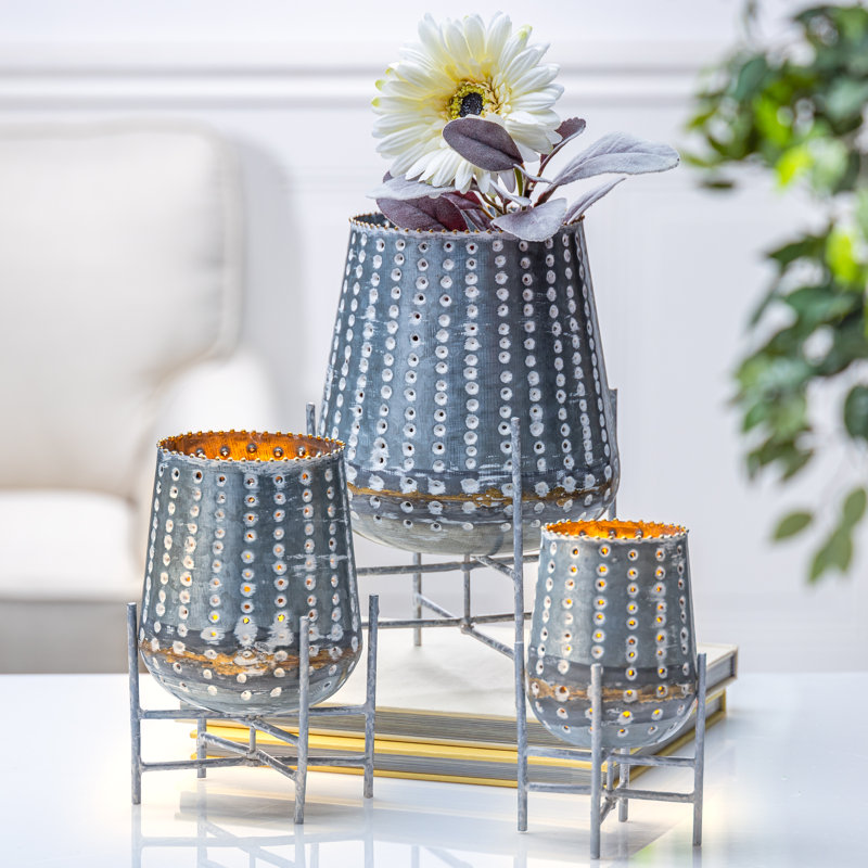 Assorted-Size, Rustic, Pierced Votives with Metal Pedestal Footed Stands (Set of 3)