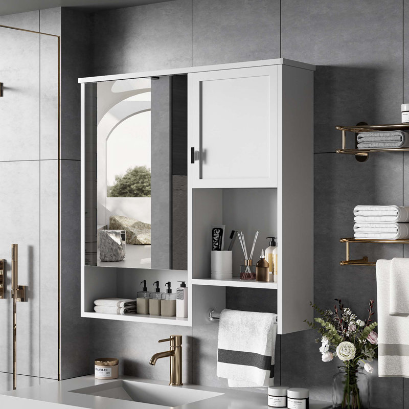 29'' X 28'' Modern Wall Mounted Bathroom Medicine Cabinet, Bathroom Wall Storage Cabinet With Mirror, Over The Toilet Space Saver Cabinet With Towels Bar