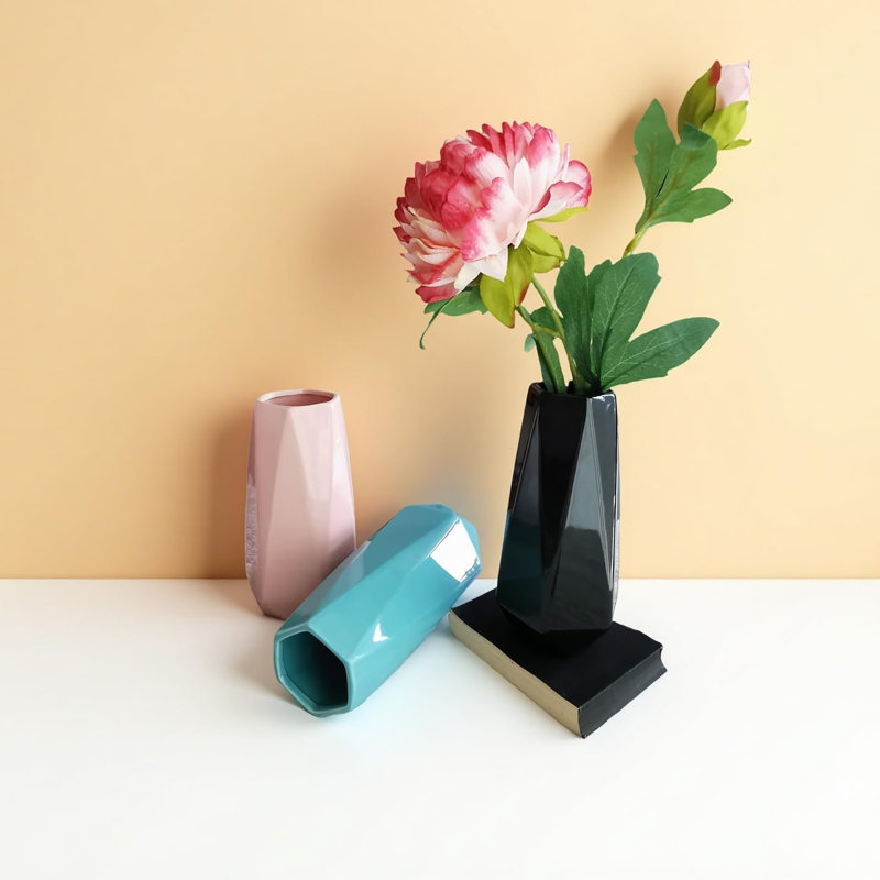 Modern Black Ceramic Vase, 7.5 Inch Geometric Flower Vases, Minimalist Design For Table Shelf Centerpiece Home Decor Fit For Housewarming, Weddings, Birthday,Christmas