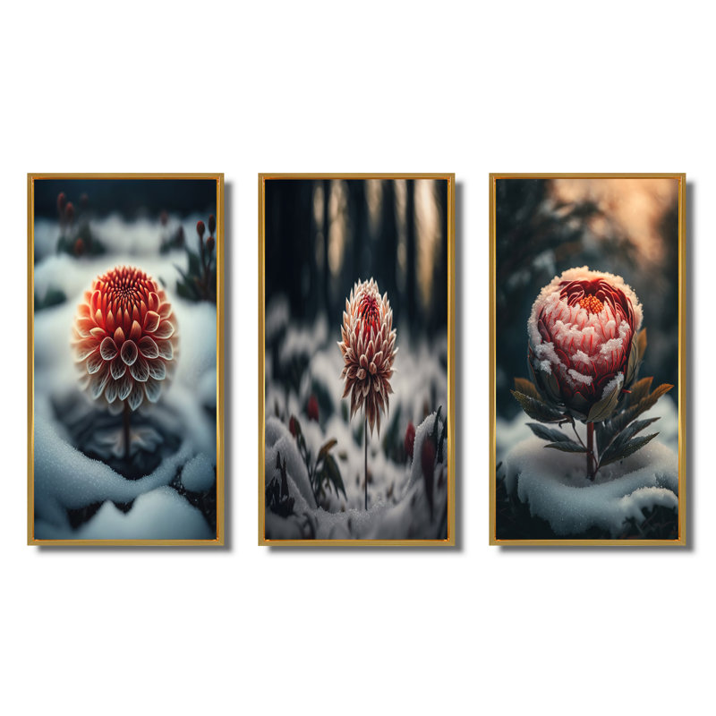 «A Blooming Red Dahlia Flower In Winter», 3 pièces sur toile, Or, H 20 po x l 36 po
