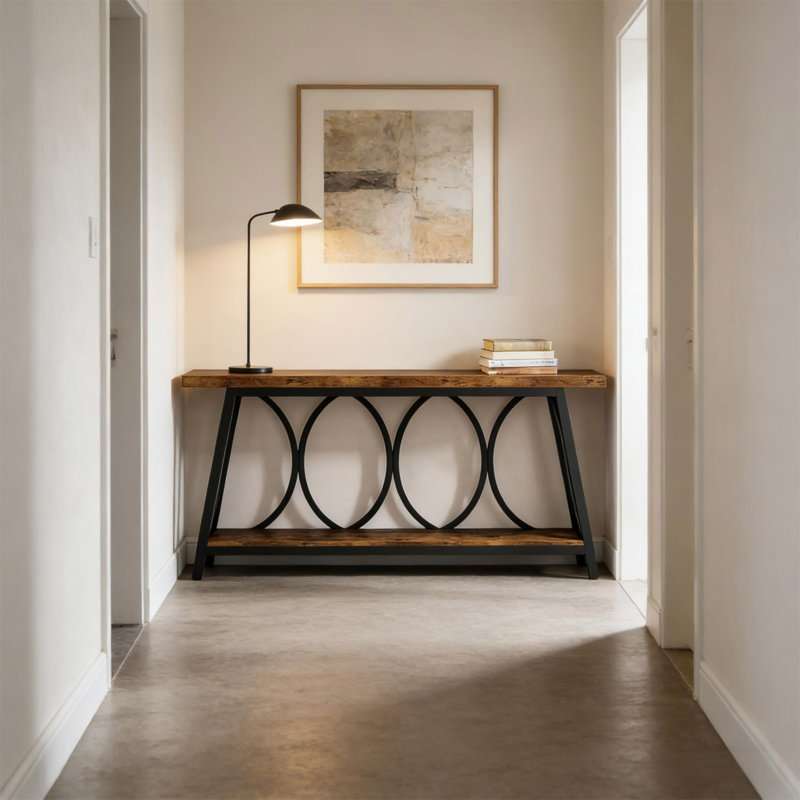 Console industrielle extra longue 70,9 po avec tablettes de rangement à 2 niveaux, structure rustique en métal brun et noir pour les intérieurs modernes
