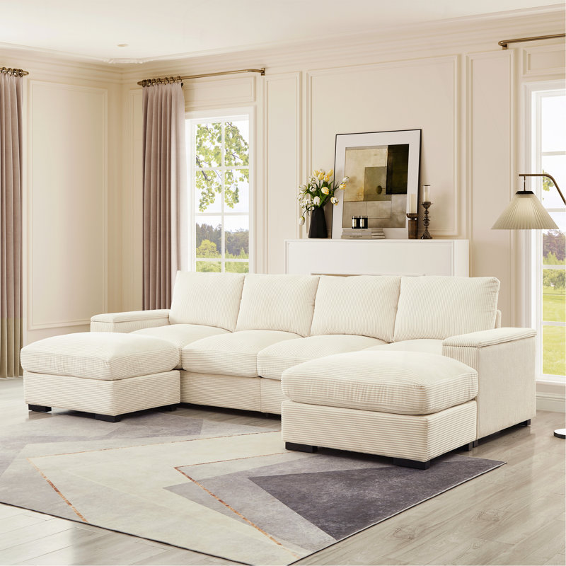 Canapé modulaire à assise profonde avec repose-pieds, Velours côtelé beige