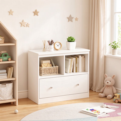 Kids Low Storage Cabinet, Wide Wooden Toy Organizer with 2 Open Cubbies and Large Slide Drawer, Freestanding Bookshelf for Playroom, Bedroom, Nursery