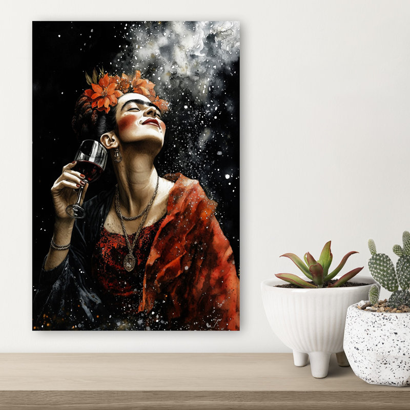Joyeuse femme, vin rouge, élégant, portrait contemporain, fleur, art mural, H 18 po x l 12 po