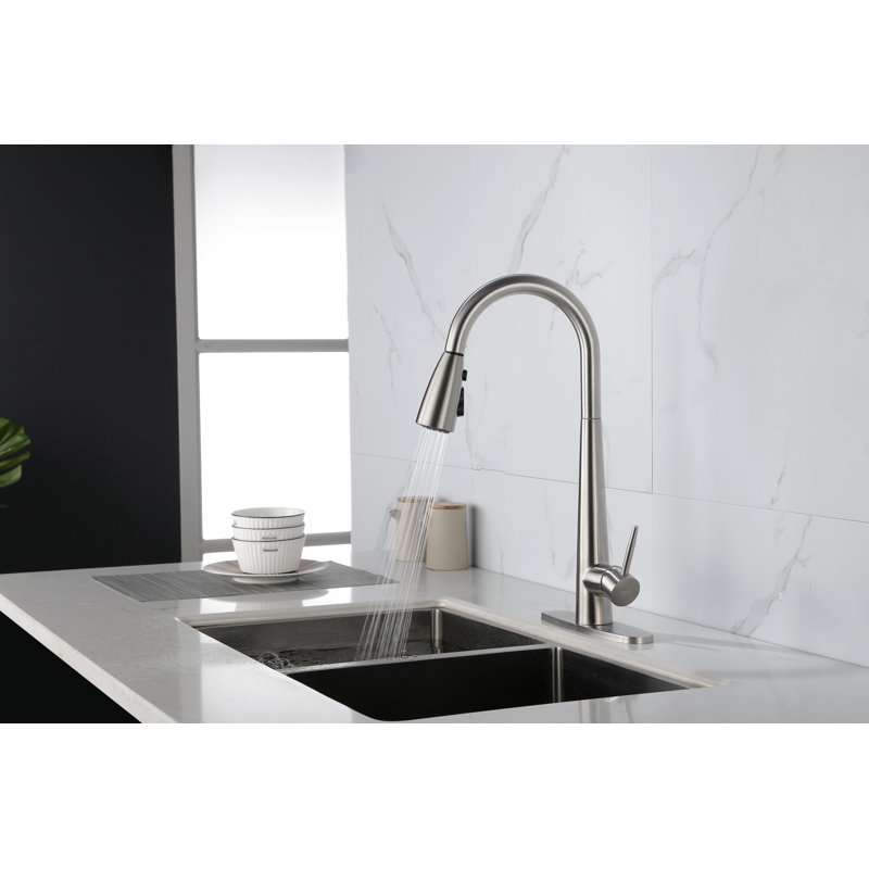 Robinet de cuisine en acier inoxydable avec douchette extractible, poignée simple | Idée de cadeau, Nickel brossé