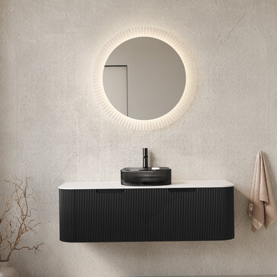 Meuble-lavabo flottant mural 48 po avec lavabo rond en verre noir transparent, 2 tiroirs et finition rayée 3D