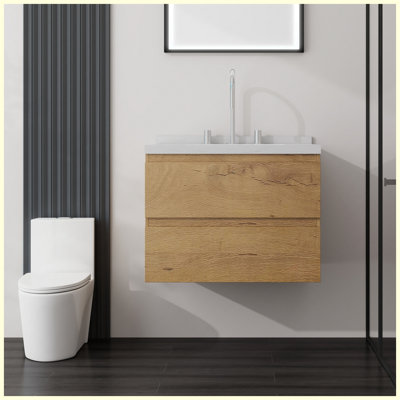 24 Inch Floating Bathroom Vanity with Sink, Soft-Close Door, 2-IN Carrara White Cultured Marble Countertop Top & Backsplash,Plywood, Oak