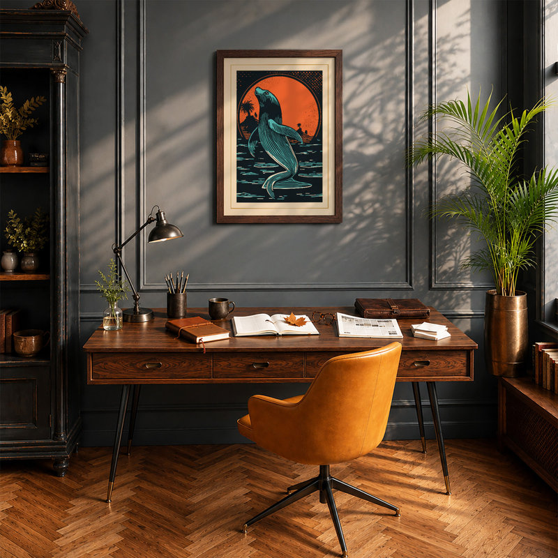 Whale Breaching Sun Coastal - Framed Print, A4 - 29.7 x 21.0 cm, Walnut