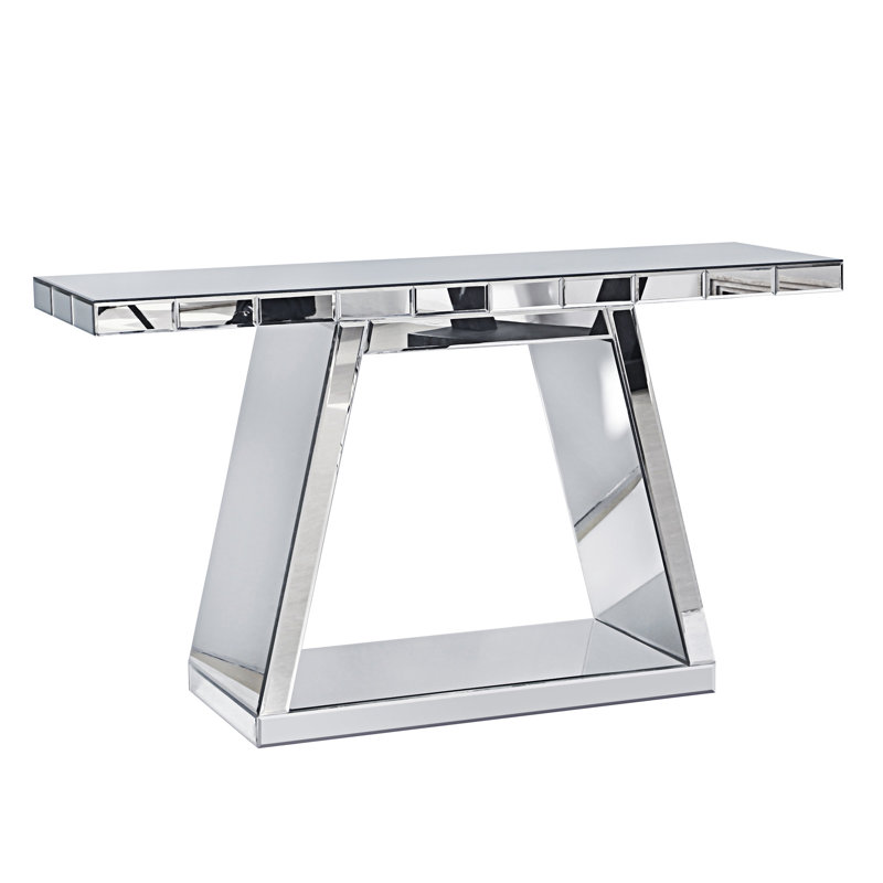 55.9" Modern Luxe Full-Body Mirror Entryway Table With Trapezoid Base – 360° Reflective Console Table