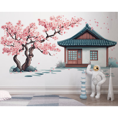Adhésif décoratif fleur de cerisier, autocollant de maison japonaise, art mural chambre d'enfant, murale arbre rose, décor de chambre de bébé, 119 g