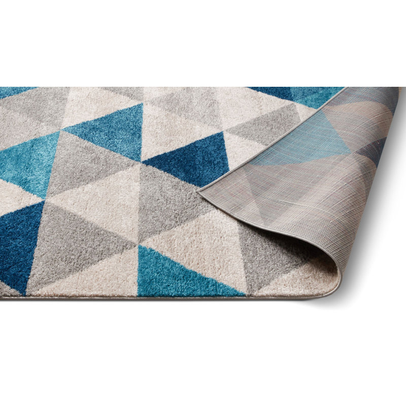 Tapis bleu / gris à motif géométrique moderne facile à nettoyer Rubino, Rectangle 6 pi 7 po x 9 pi 2 po