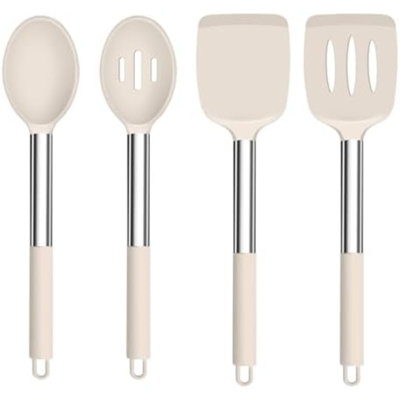 Ustensiles de cuisine, ensemble de 4 ustensiles en silicone (spatule, cuillère) avec manche en acier inoxydable, pour frire, mélanger, égoutter et retourner. Sains et résistants à la chaleur, antiadhésifs et compatibles lave-vaisselle - Kaki